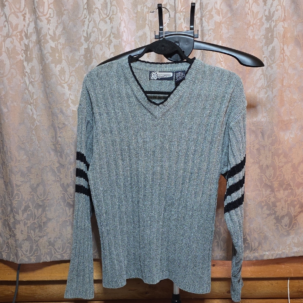 DSQUARED2 Men’s Gray V-Neck Sweater with Black Sleeve Stripes